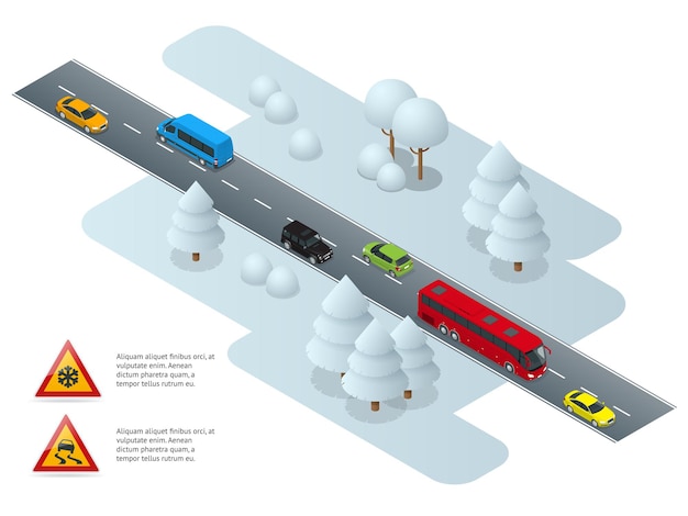 Вектор Скользко, гололёд, зима, снег, дорога и машины. осторожно, снег. зимнее вождение и безопасность дорожного движения. городской транспорт.