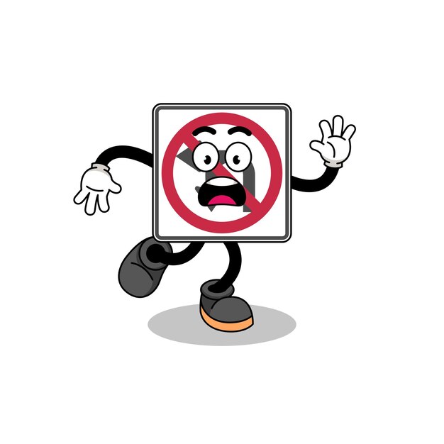 Slipping no left or U turn road sign mascot illustration