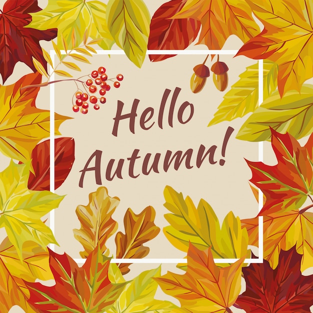 Vector slogan hello autumn leaves rowan acorn