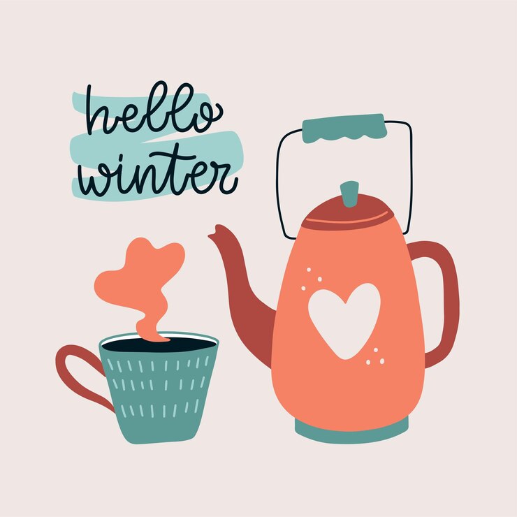 Vector slogan of hello winter icon of cute cup teapot concept for teahouse social media delivery cafe restaurant