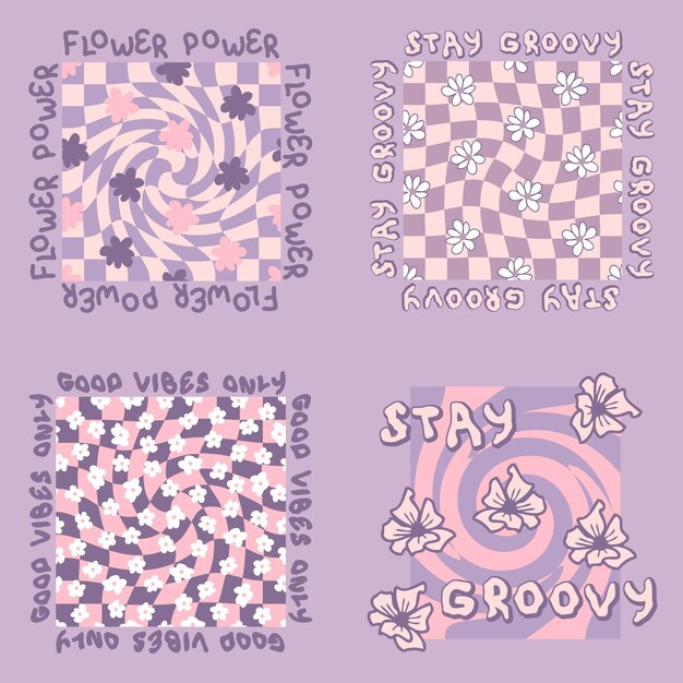 Slogan prints with groovy flowers on trippy grid collection in 1970s style Hippie aesthetic floral stickers for Tshirt textile and fabric Hand drawn vector illustration for decor and design