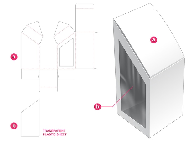 Slopeed box and side window with transparent plastic sheet die cut template