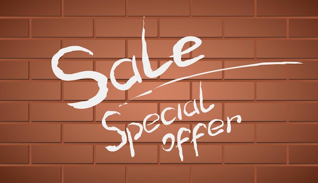 Sloppy brush lettering with dripping paint Sale and special offer in white paint on a red brick wall