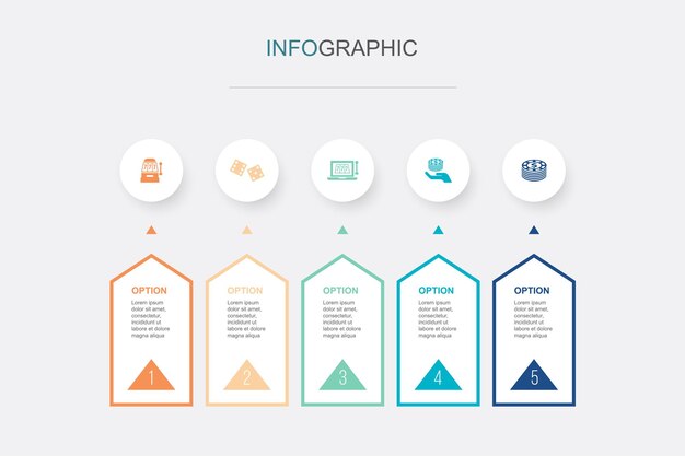 Slot machine dadi casinò online scommettere fiches icone modello di progettazione infografica concetto creativo con 5 passaggi