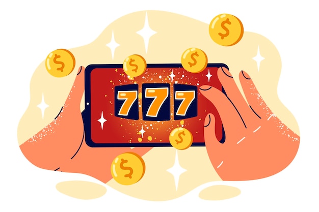 Slot machine nel telefono nelle mani di una persona per pubblicizzare casinò online e giochi d'azzardo con premi in denaro applicazione di casinò mobile con 777 numeri sullo smartphone per mettere alla prova la tua fortuna nell'estrazione del jackpot della lotteria