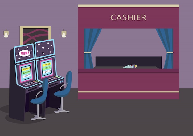 Вектор Игровые автоматы строки плоской цветная иллюстрация. игорное заведение роскошные гостиничные развлечения. игра на шанс выиграть деньги. казино 2d интерьер мультяшныйа со счетчиком на фоне