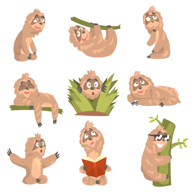 Situazioni di vita differenti del personaggio dei cartoni animati svegli animali di bradipo