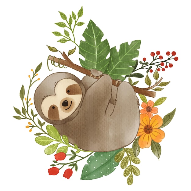 Vettore bradipo orso animale tenere su ramo di albero con fiore pittura ad acquerello realistica con carta testurizzata cartoon character design vector