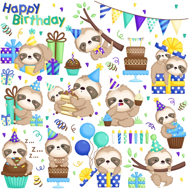 Sloth Birthday Vector Set