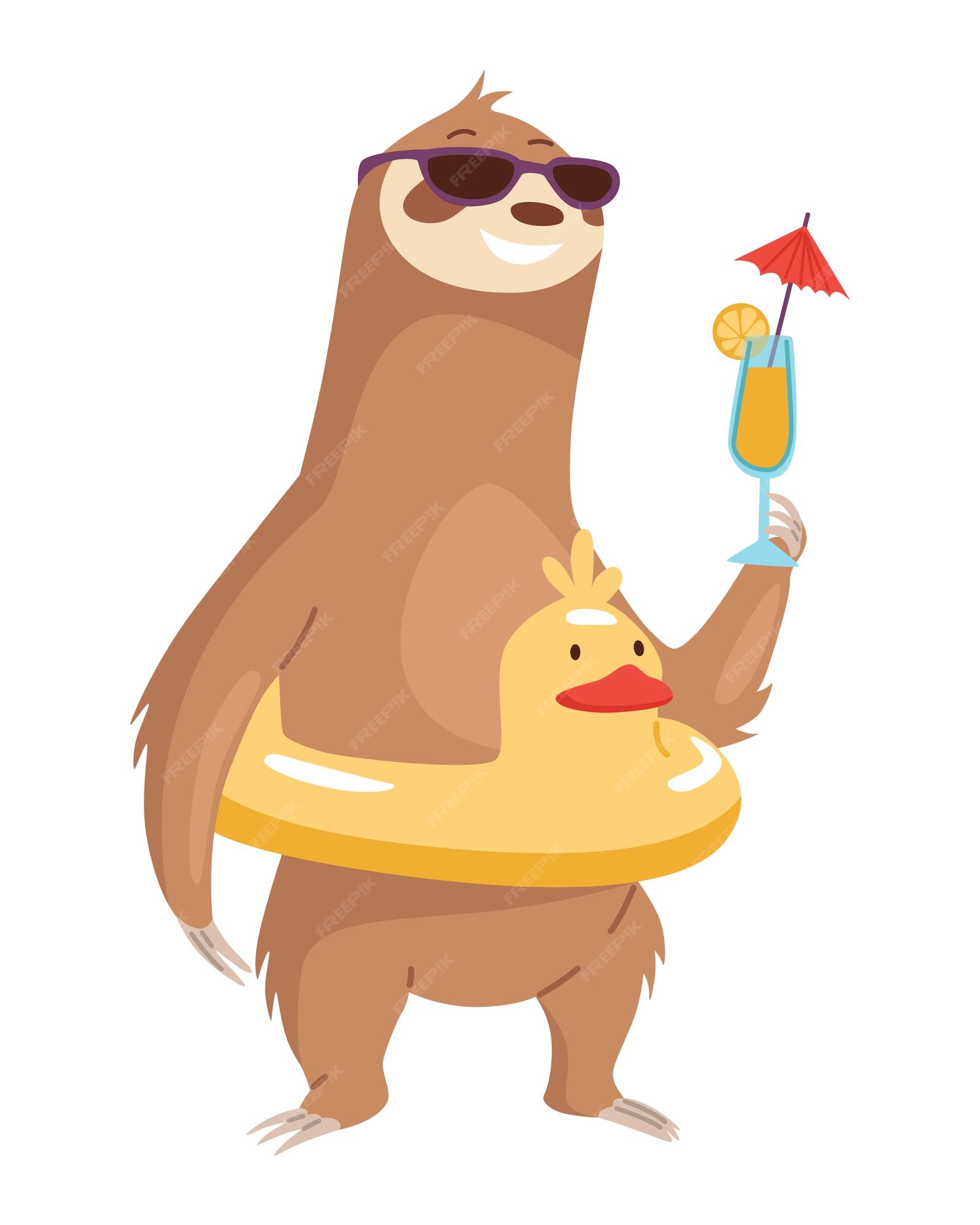 Premium Vector | Sloth character with inflatable circle and cocktail cute cartoon slothbear character funny lazy animal hand drawn clip art illustration jungle rainforest sloth tropical mammal or adorable sloth Premium Vector | Sloth character with inflatable circle and cocktail cute cartoon slothbear character funny lazy animal hand drawn clip art illustration jungle rainforest sloth tropical mammal or adorable sloth