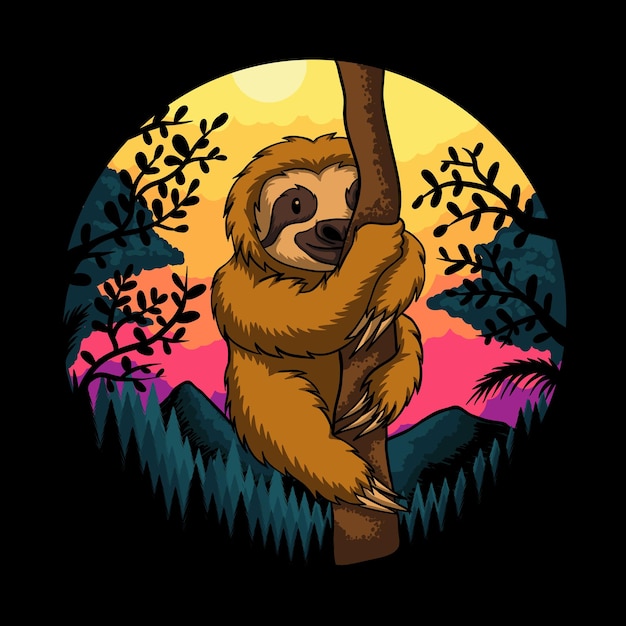 Sloth climb tree sunset retro vector illustration