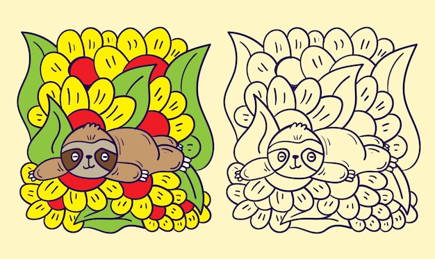 sloth doodle animal illustration for coloring page drawing book