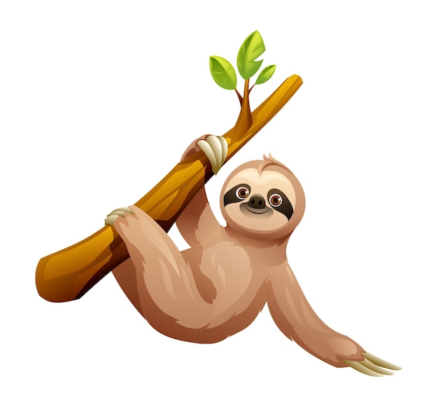 Sloth hanging from tree branch cartoon vector illustration isolated on white background