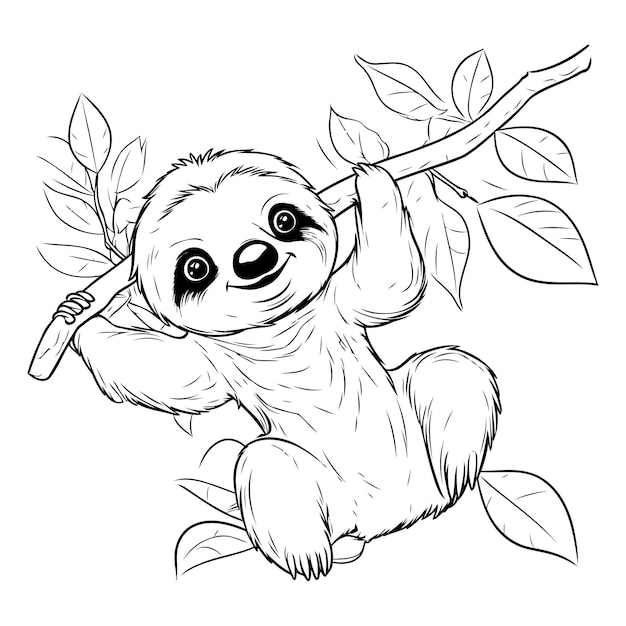 Sloth hanging on a tree branch Hand drawn vector illustration