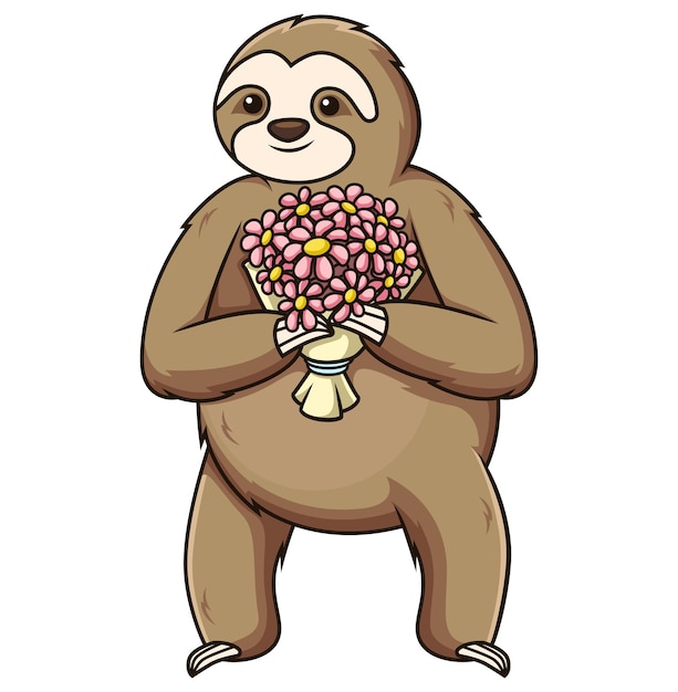 Sloth holding flowers cartoon illustration