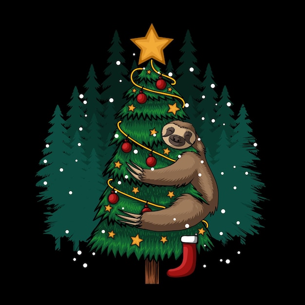 sloth hugging tree merry christmas vector illustration