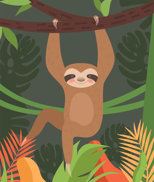 sloth lazy wild animals on trees vector cartoon background