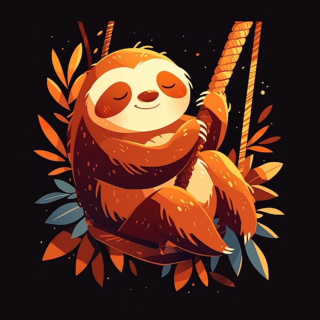 A sloth on a rope swing cartoon style