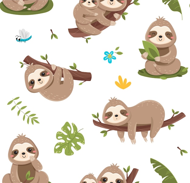 Vector sloth seamless pattern