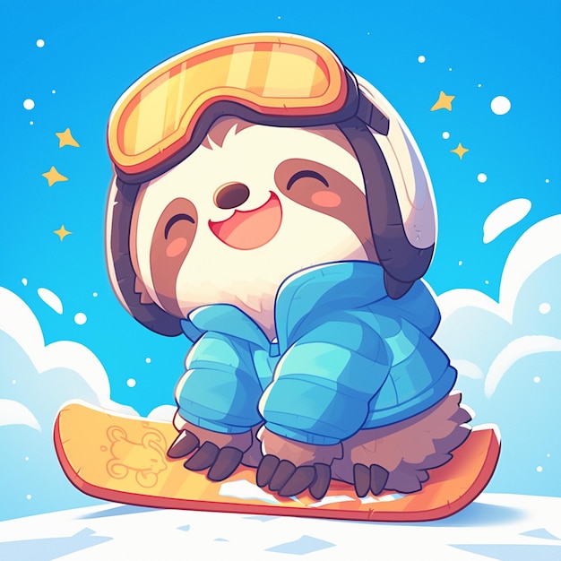 A sloth on a snowboard cartoon style