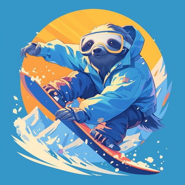 A sloth on a snowboard cartoon style