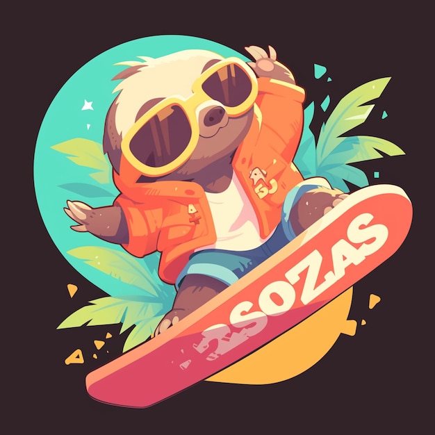 Vector a sloth on a snowboard cartoon style