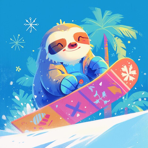 A sloth on a snowboard cartoon style