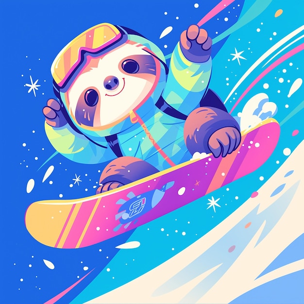 A sloth on a snowboard cartoon style