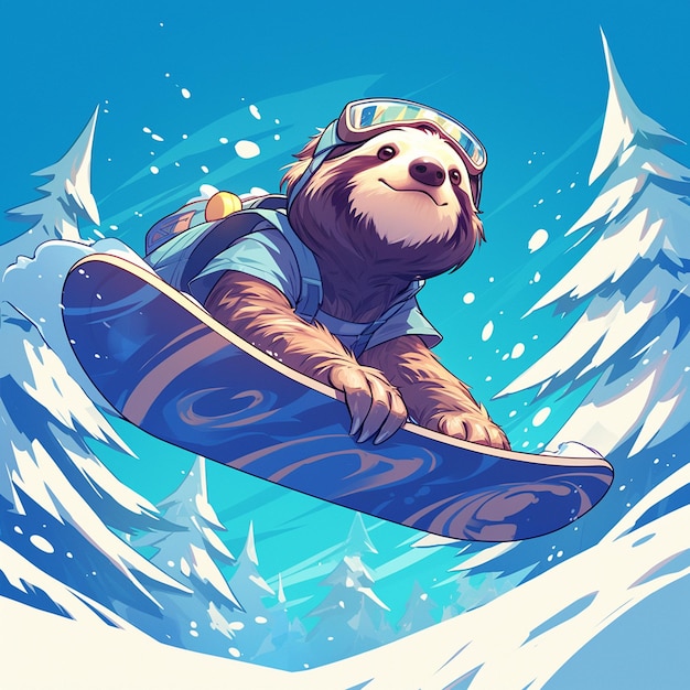 A sloth on a snowboard cartoon style