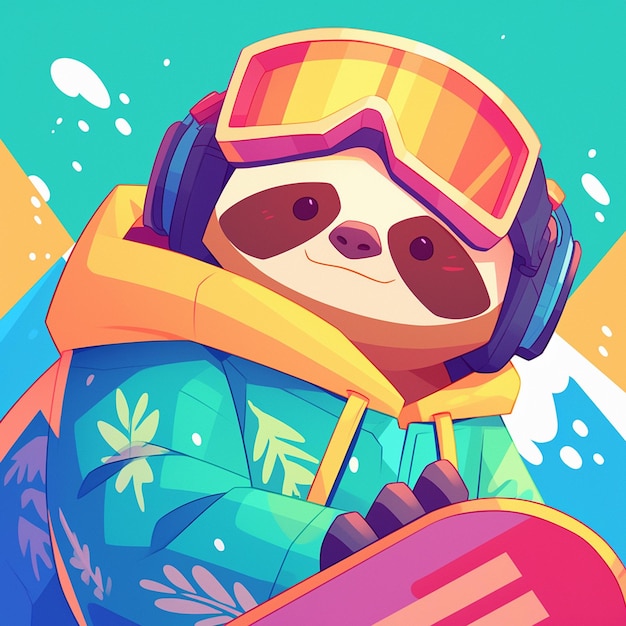 A sloth on a snowboard cartoon style