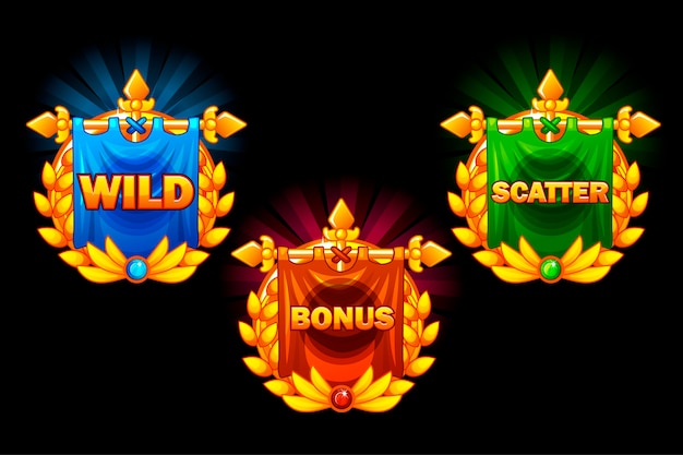 Slots iconen, verzamelingen symbolen wild, bonus en scatter.