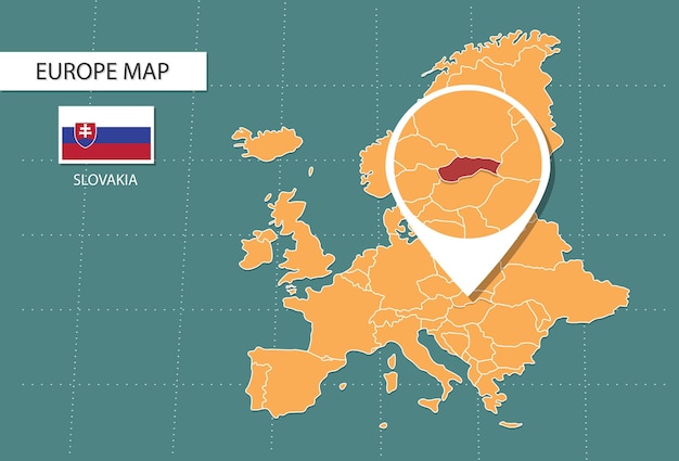 карта словакии в Европе значки увеличенной версии, показывающие местоположение словакии и флаги