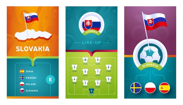 Banner verticale di calcio europeo della squadra della slovacchia impostato per i social media. banner di gruppo e della slovacchia con mappa isometrica, bandierina, calendario delle partite e formazione sul campo di calcio