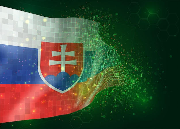 Slovakia on vector 3d flag on green background with polygons and data numbers