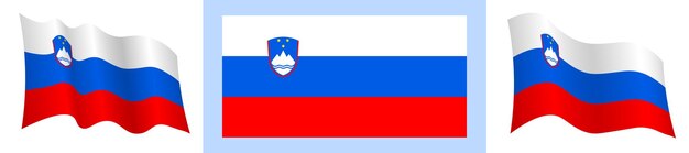 Slovenia flag in static position and in motion developing in wind in exact colors and sizes on whi