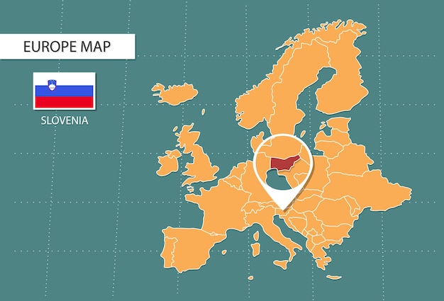 карта словении в Европе значки увеличенной версии, показывающие местоположение и флаги словении