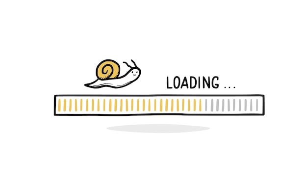 Slow internet loading bar doodle with snail. Slow speed load bar concept. Hand drawn line sketch style. Isolated vector illustration.