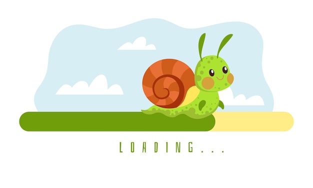 Slow and long loading Waiting for website to restart Progress bar and cartoon snail Low speed upload interface design Network reboot line Funny crawling mollusk Vector concept