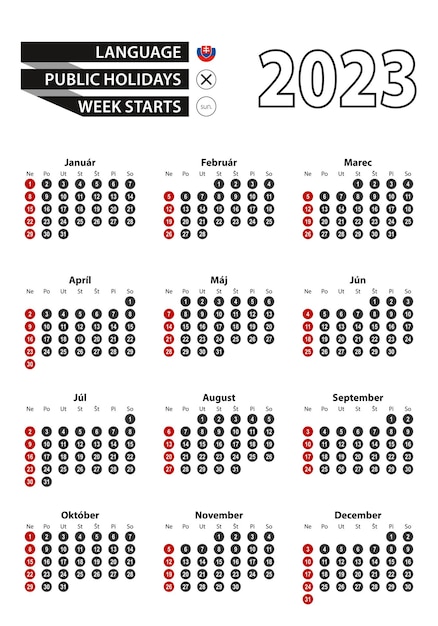 Slowaakse kalender 2023 met getallen in cirkels week begint op zondag 2023 met vlag van Slowakije