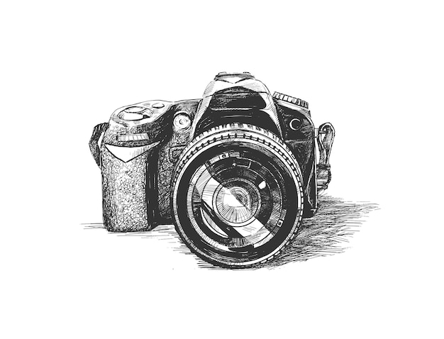 Vettore fotocamera reflex poster illustrazione vettoriale di schizzo disegnato a mano