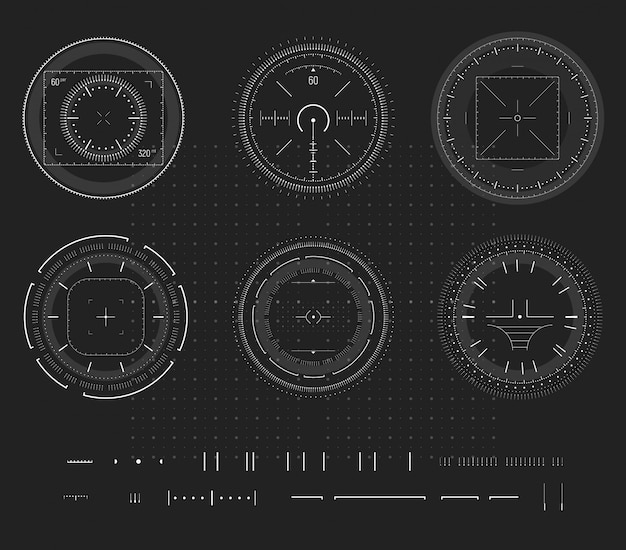 Sluipschutter doel, digitale smart device display, hud infographic, ontwerpelement. schietbereik, doel, verzameling doelpictogrammen.