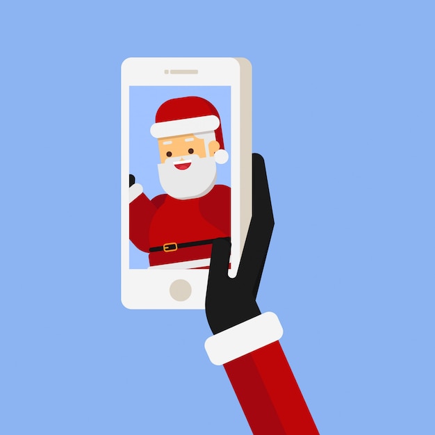 Vector sluit omhoog van de hand die van de kerstman selfie van de kerstman neemt