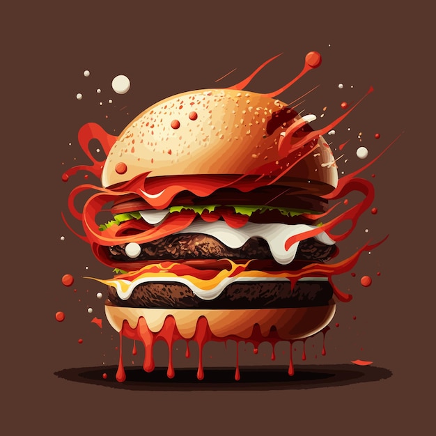 Smakelijk hamburger samenstelling fastfood groot generatief AI restaurant heerlijk voorgerecht café brood componenten rassen decoratie delicatesse saus voedsel concept vectorillustratie