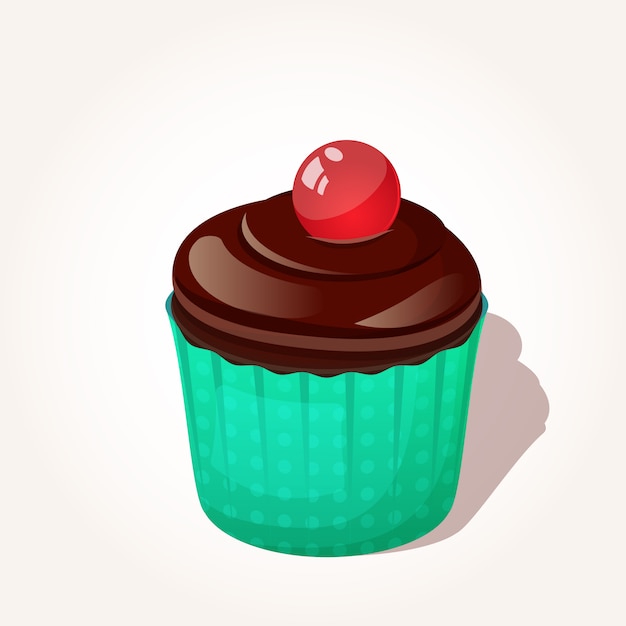 Smakelijke chocolade cupcake met geleibal in beeldverhaalstijl