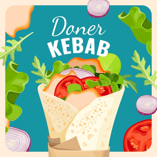 Smakelijke döner kebab met stukjes gebakken kip en verse groenten