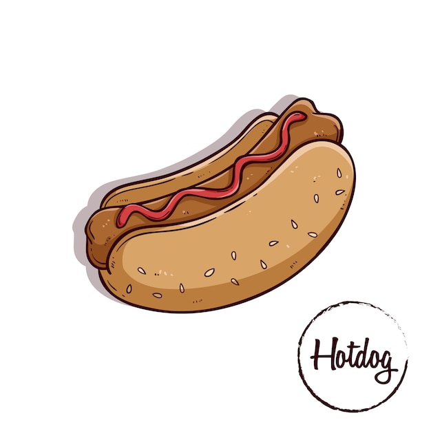 Vector smakelijke hotdogillustratie met tekst die gekleurde krabbelstijl gebruiken