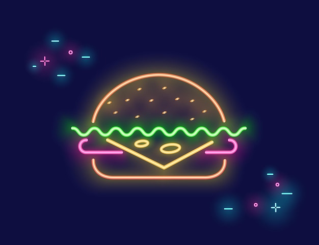 Smakelijke rundvleeshamburger met kaassymbool in neonlichtstijl op donkere achtergrond heldere vectorneon