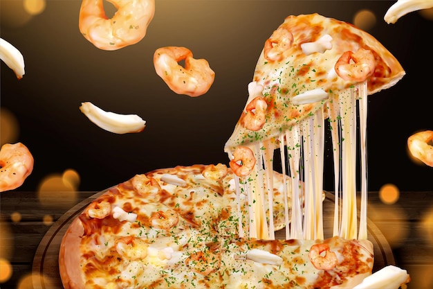 Smakelijke zeevruchtenpizza-advertenties met vezelige kaas in 3d illustratie, ingrediënten voor garnalen en inktvisringen