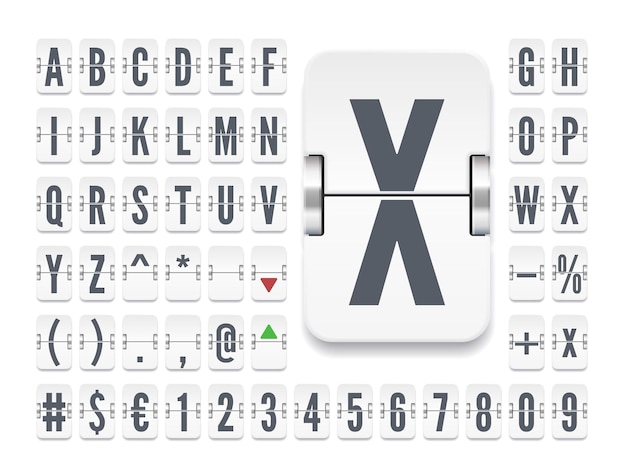 Smal wit flipboard-lettertype voor beurskoersen luchthaventerminal mechanisch scorebordalfabet om financiële info en tijdschema vectorillustratie weer te geven
