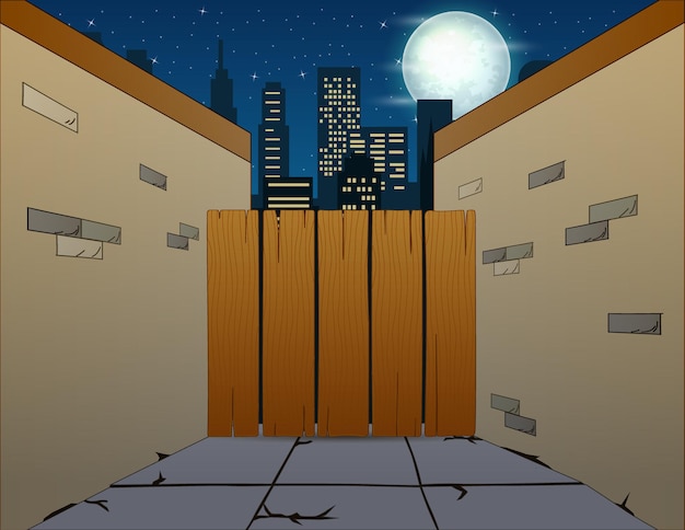 Small alley road view with wooden fence and cityscape at night